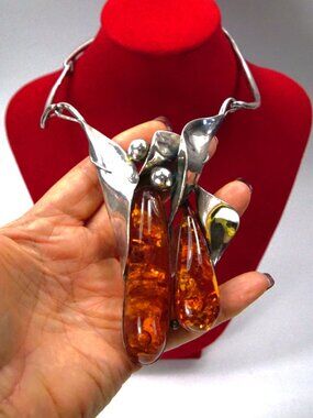 Heavy Amber Sterling Silver Collar Necklace RARE OOAK Masterpiece